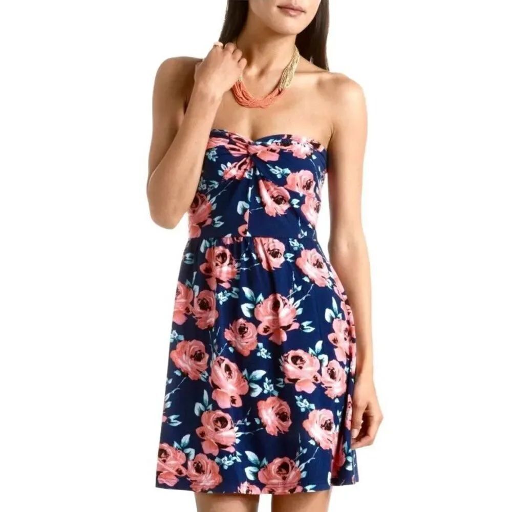 Charlotte Russe 2014 Strapless Bandeau Dress Navy Blue & Pink Floral Size Small